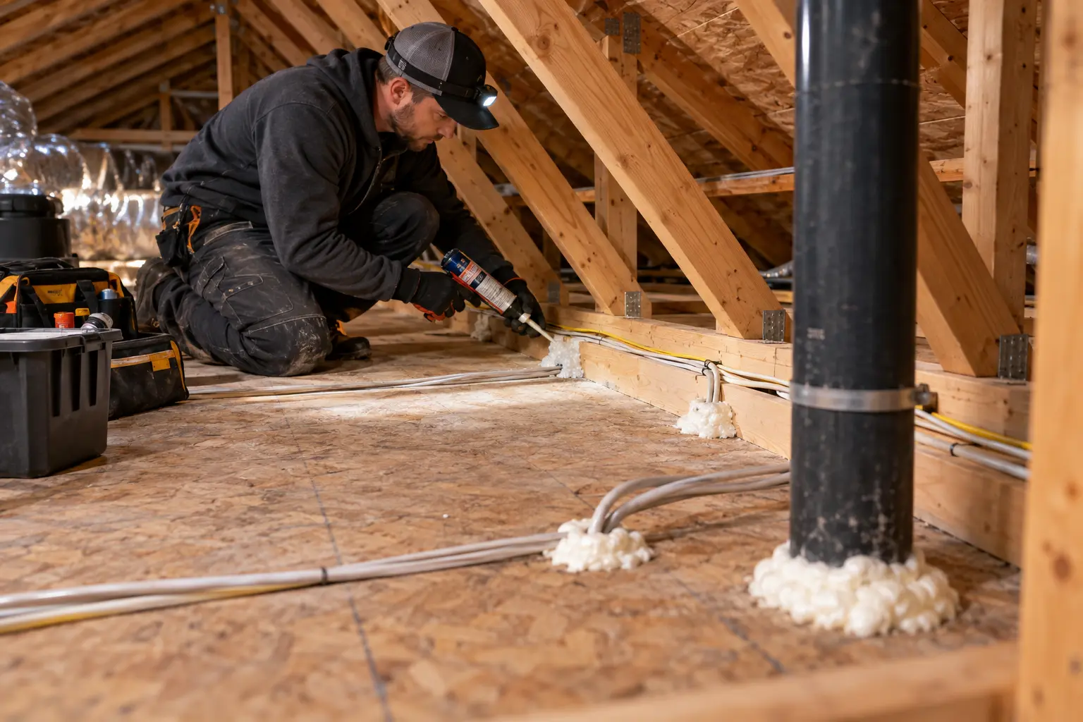 Attic floor penetrations being sealed before insulation