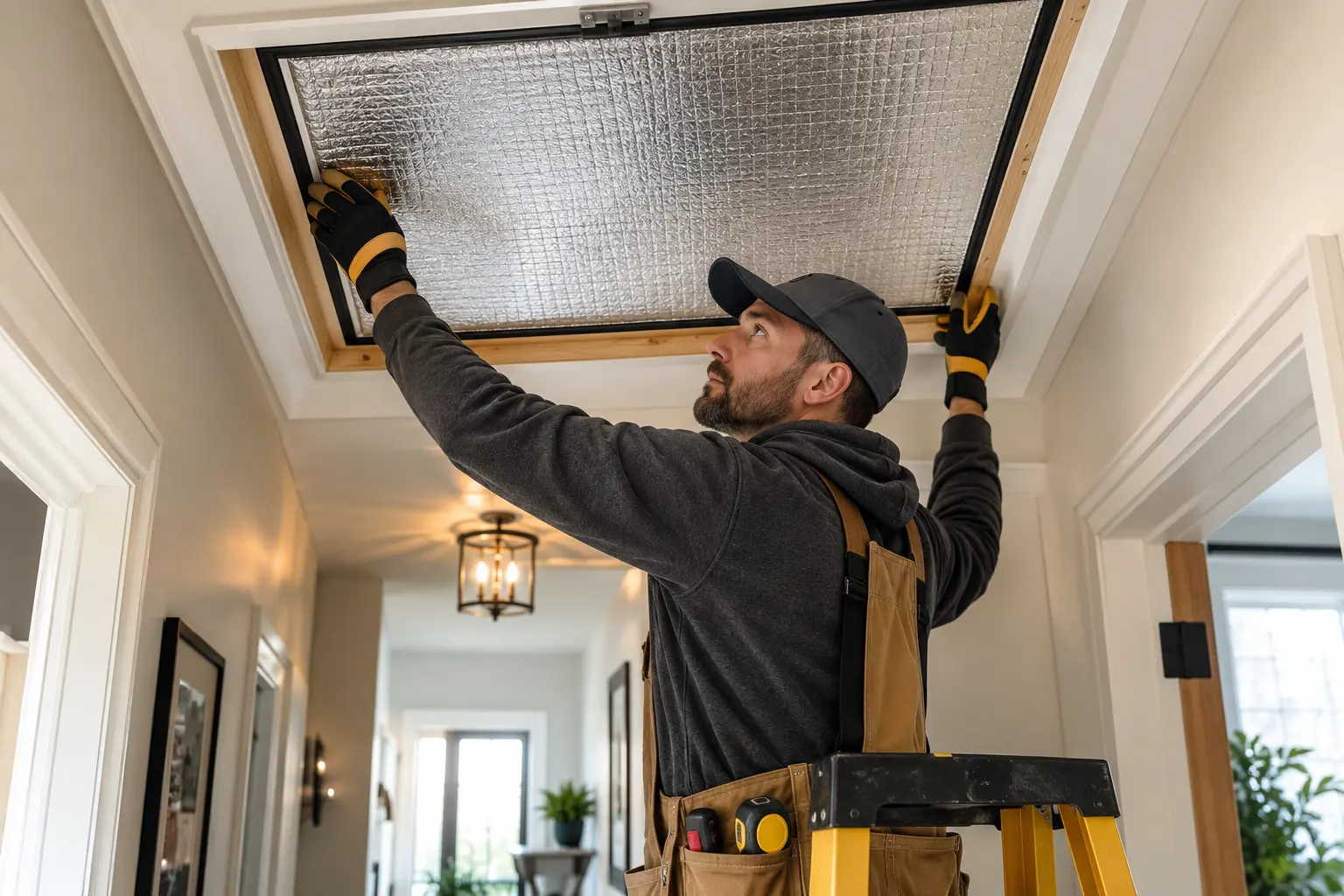 Insulated attic hatch cover being fitted above a hallway
