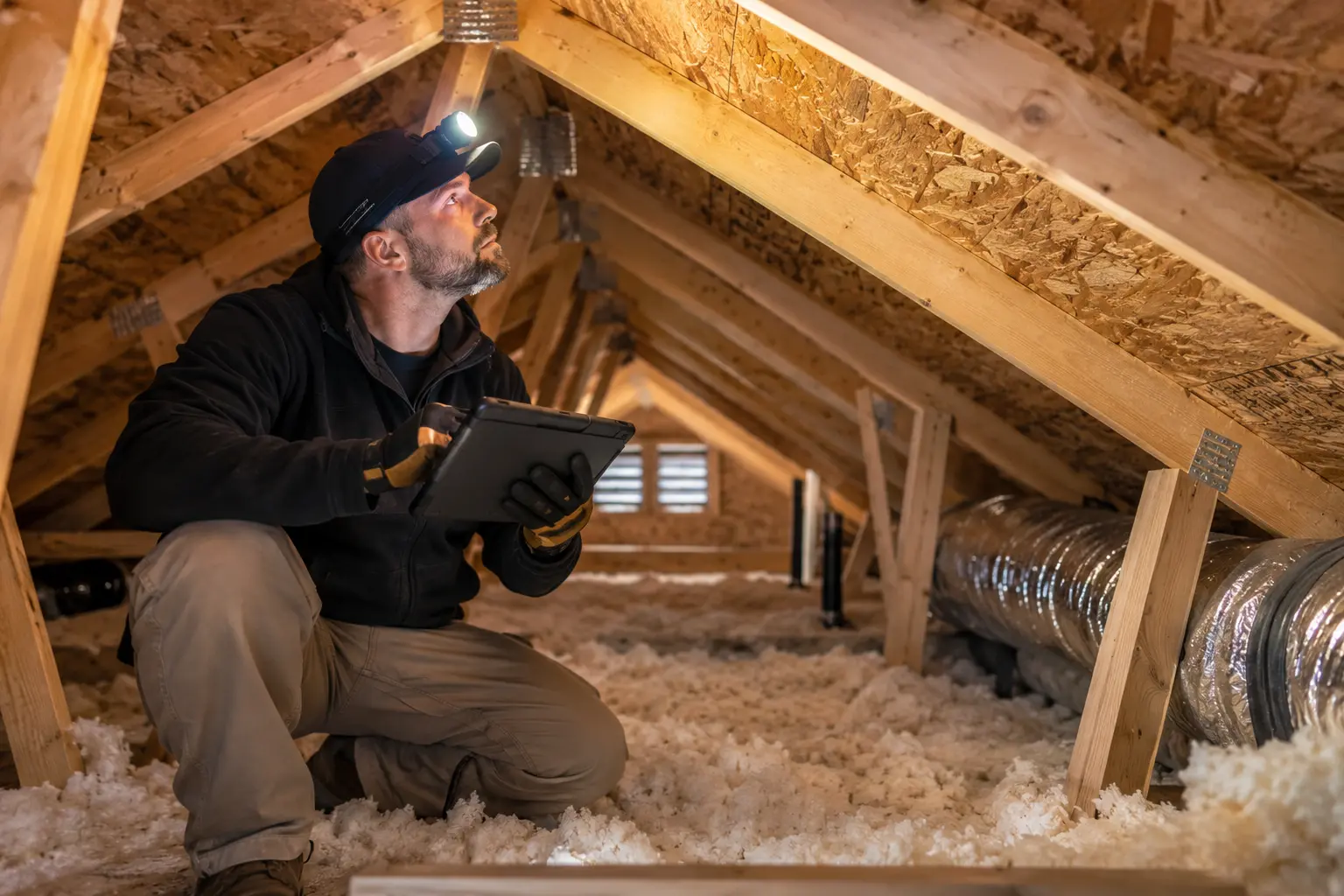 Technician inspecting roof sheathing and insulation in an attic