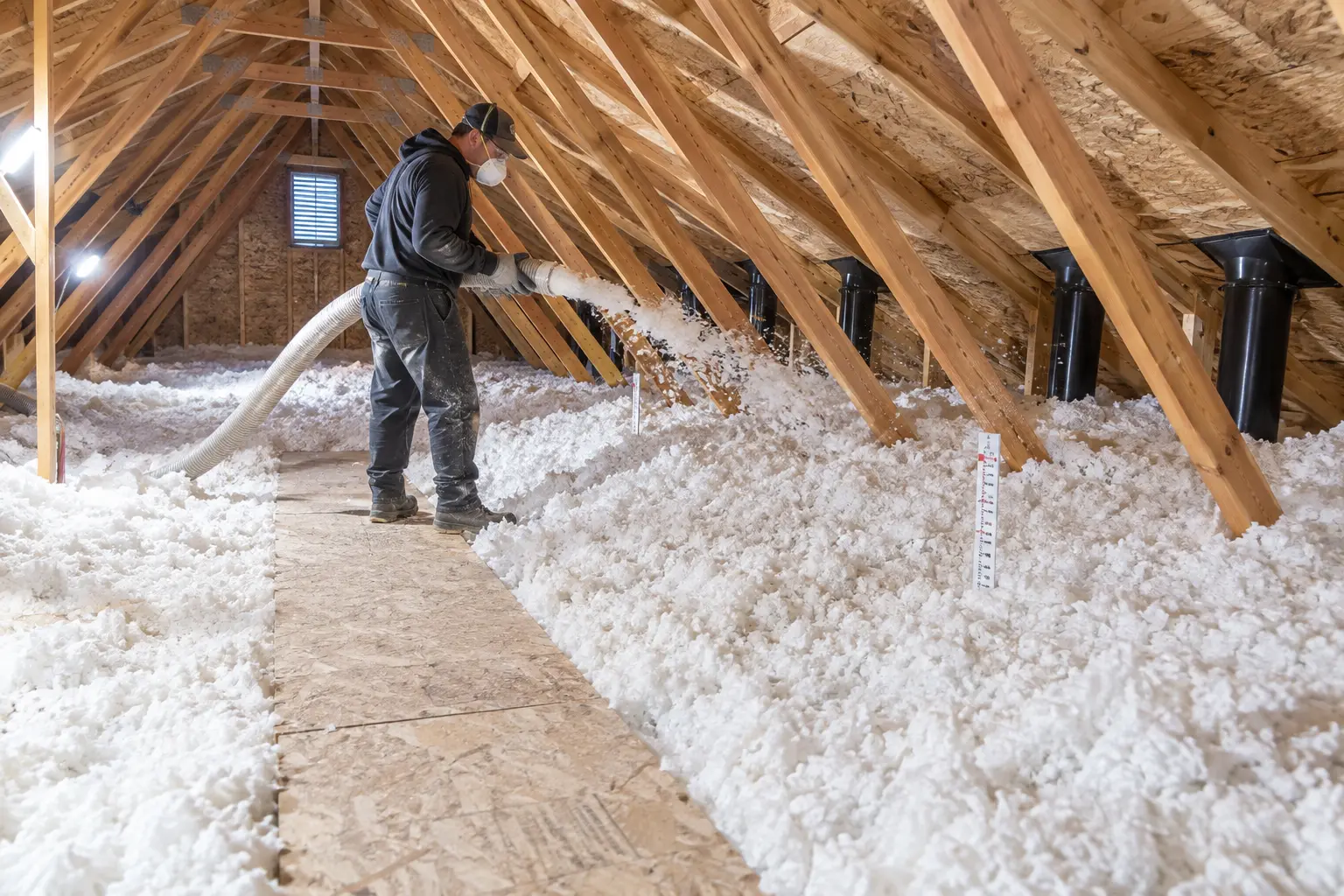 Loose-fill insulation being added evenly across an attic