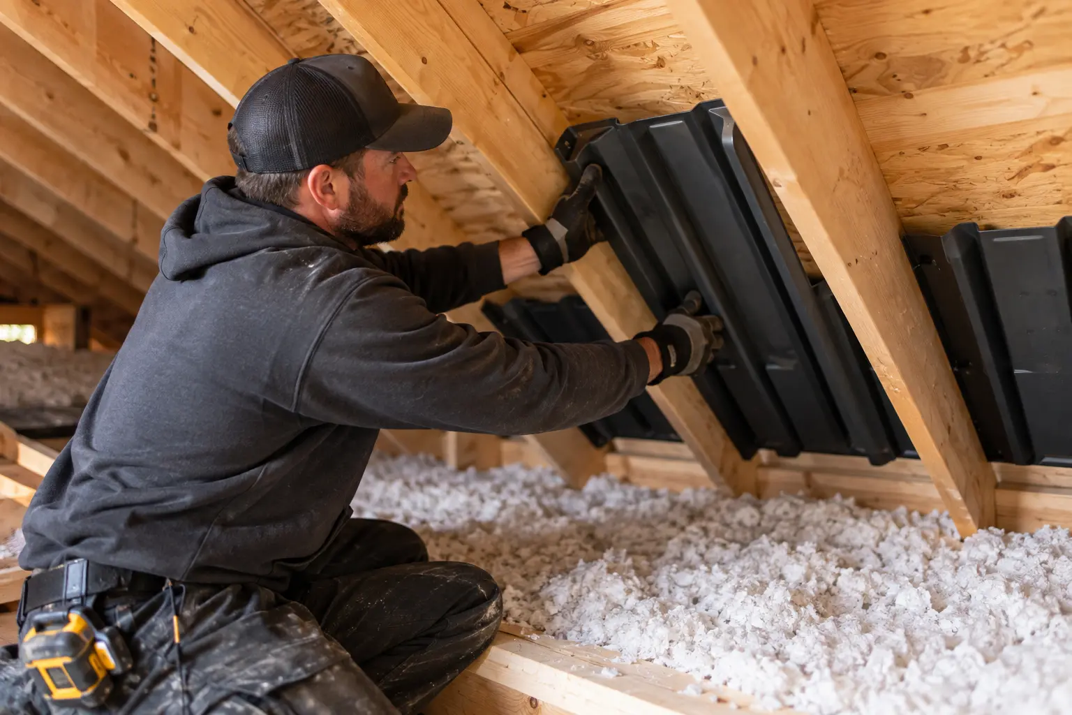 Rigid attic ventilation baffles being installed at the eaves