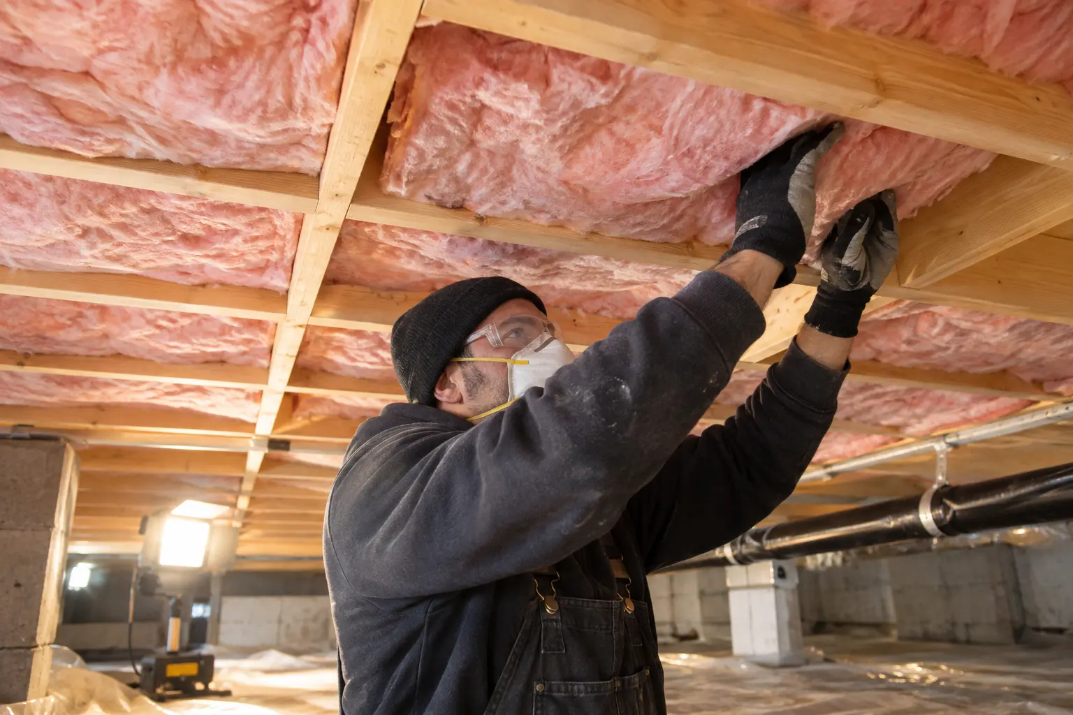 Insulation being secured between exposed floor joists