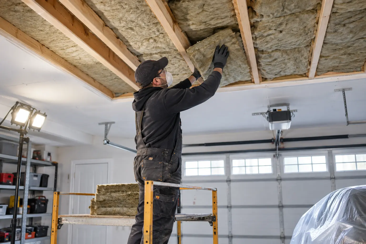 Mineral wool insulation being installed between garage ceiling joists