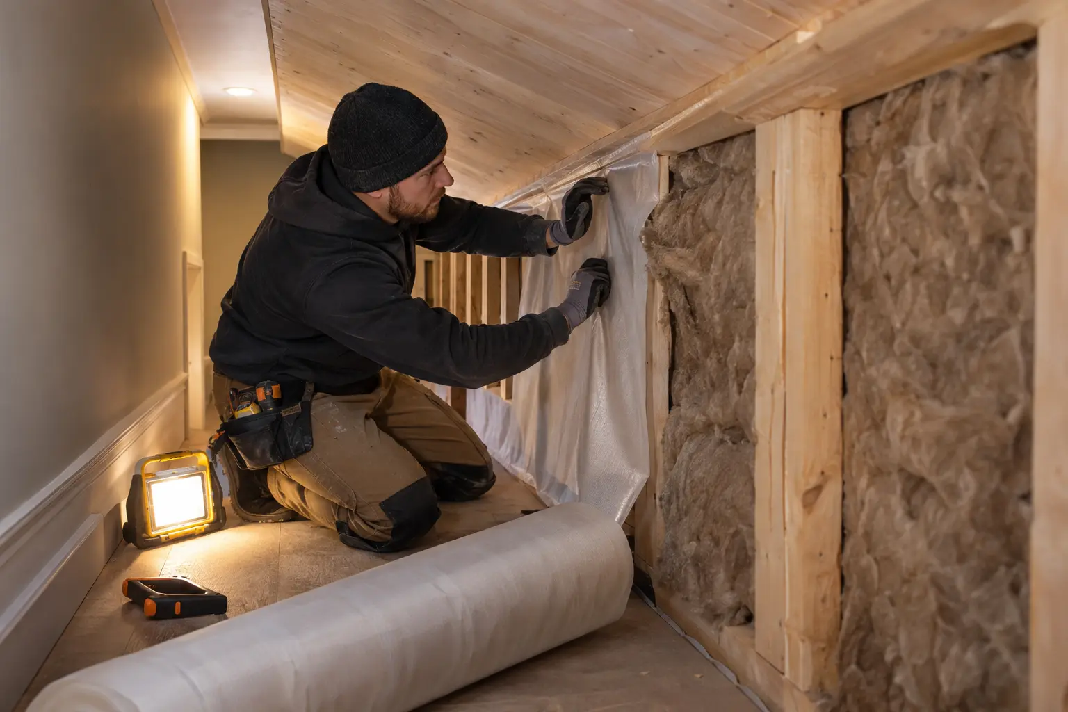 Technician insulating a narrow kneewall space
