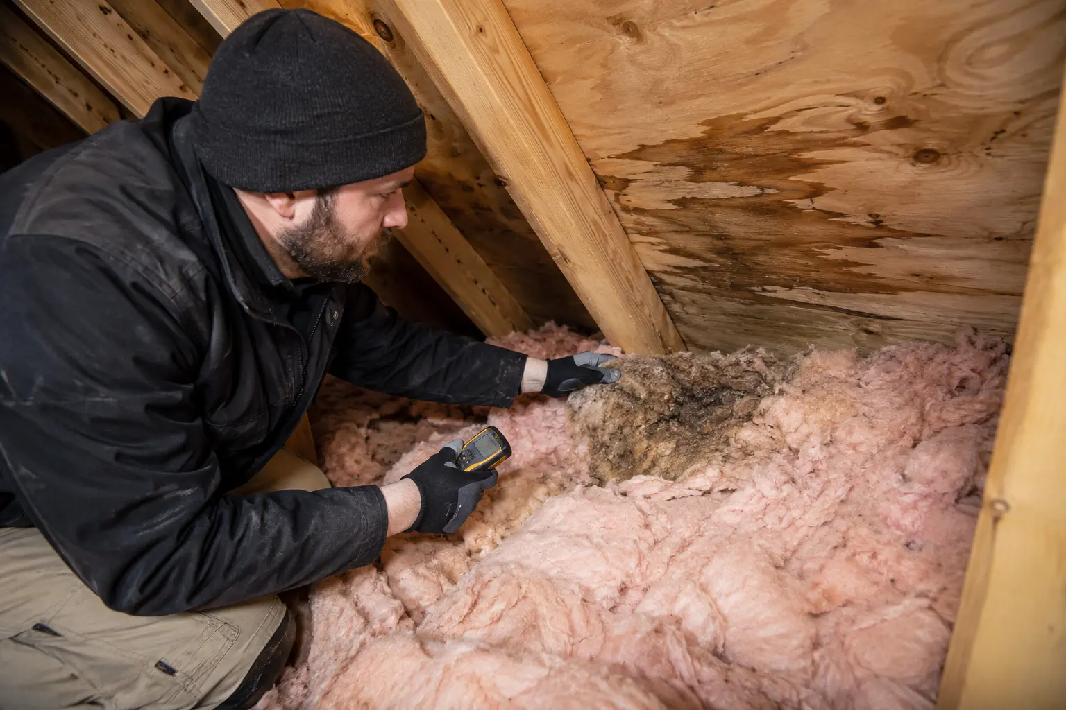Localized wet attic insulation below stained roof sheathing