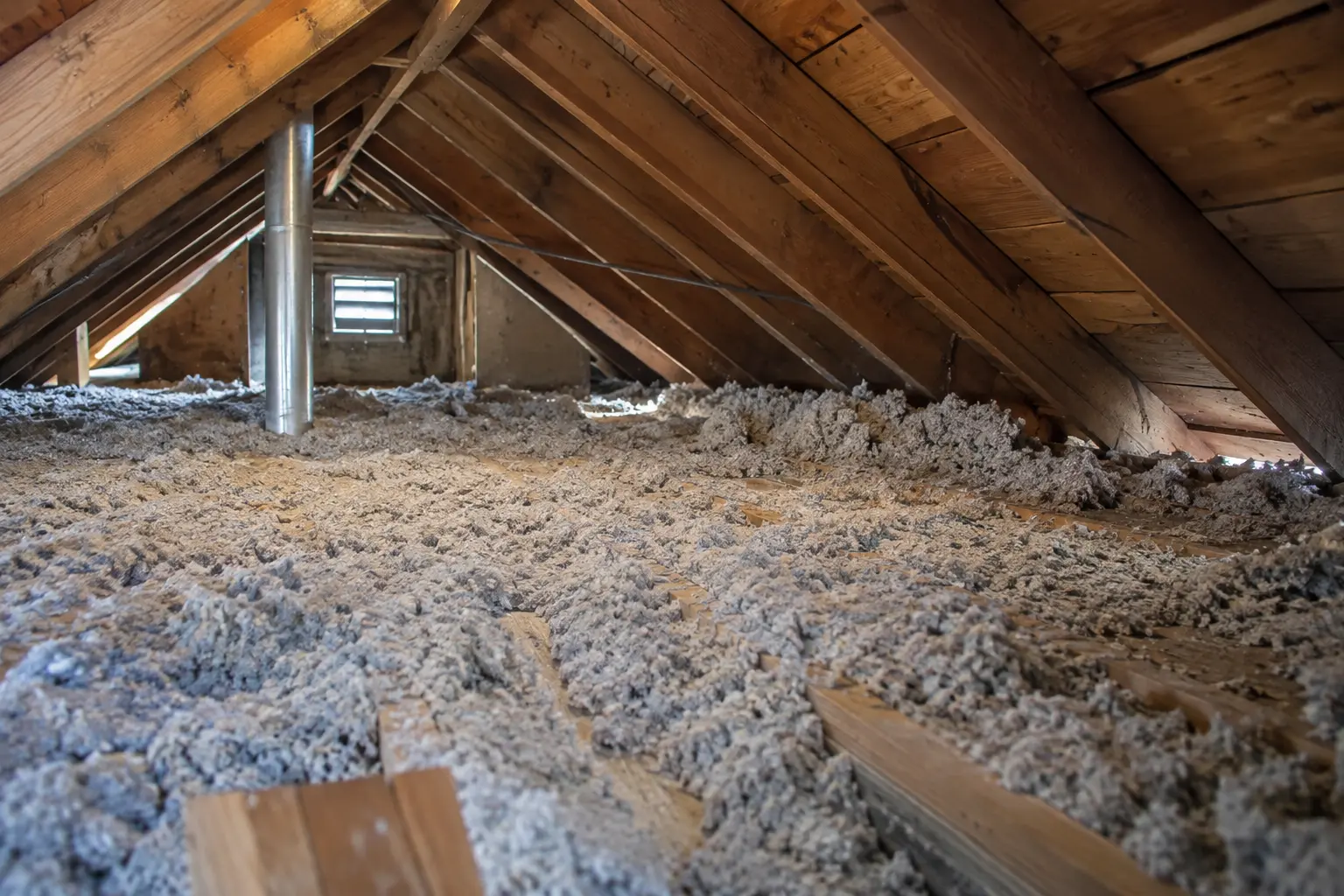 Older attic with settled loose-fill and exposed joist areas