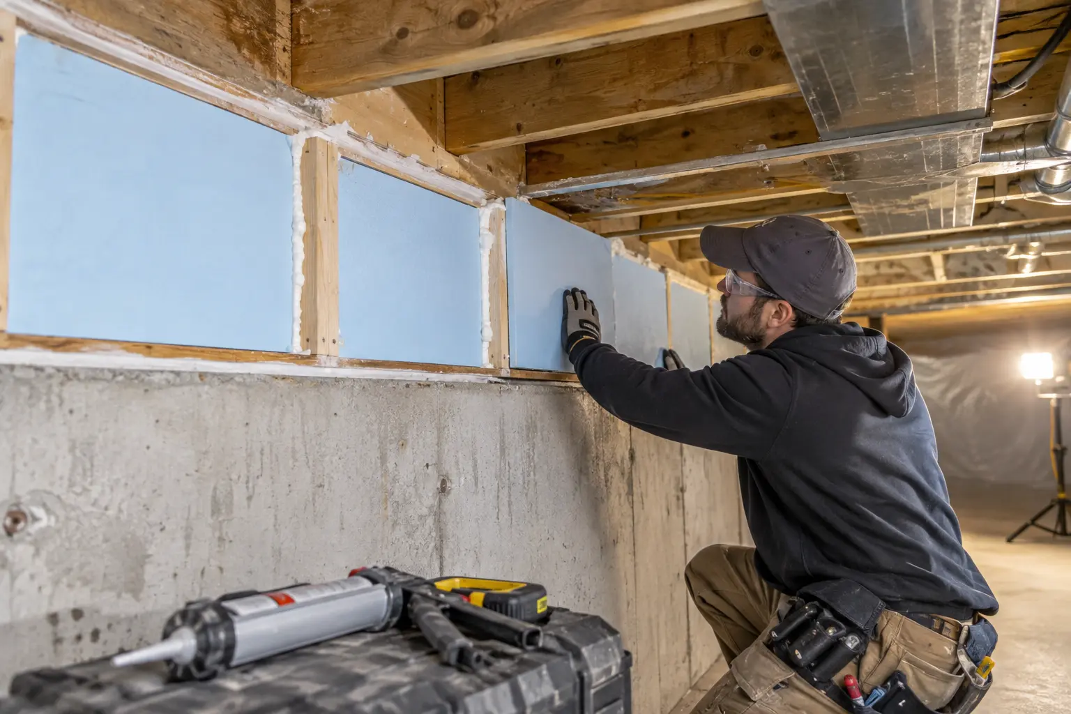 Rigid insulation being fitted and sealed at basement rim joists