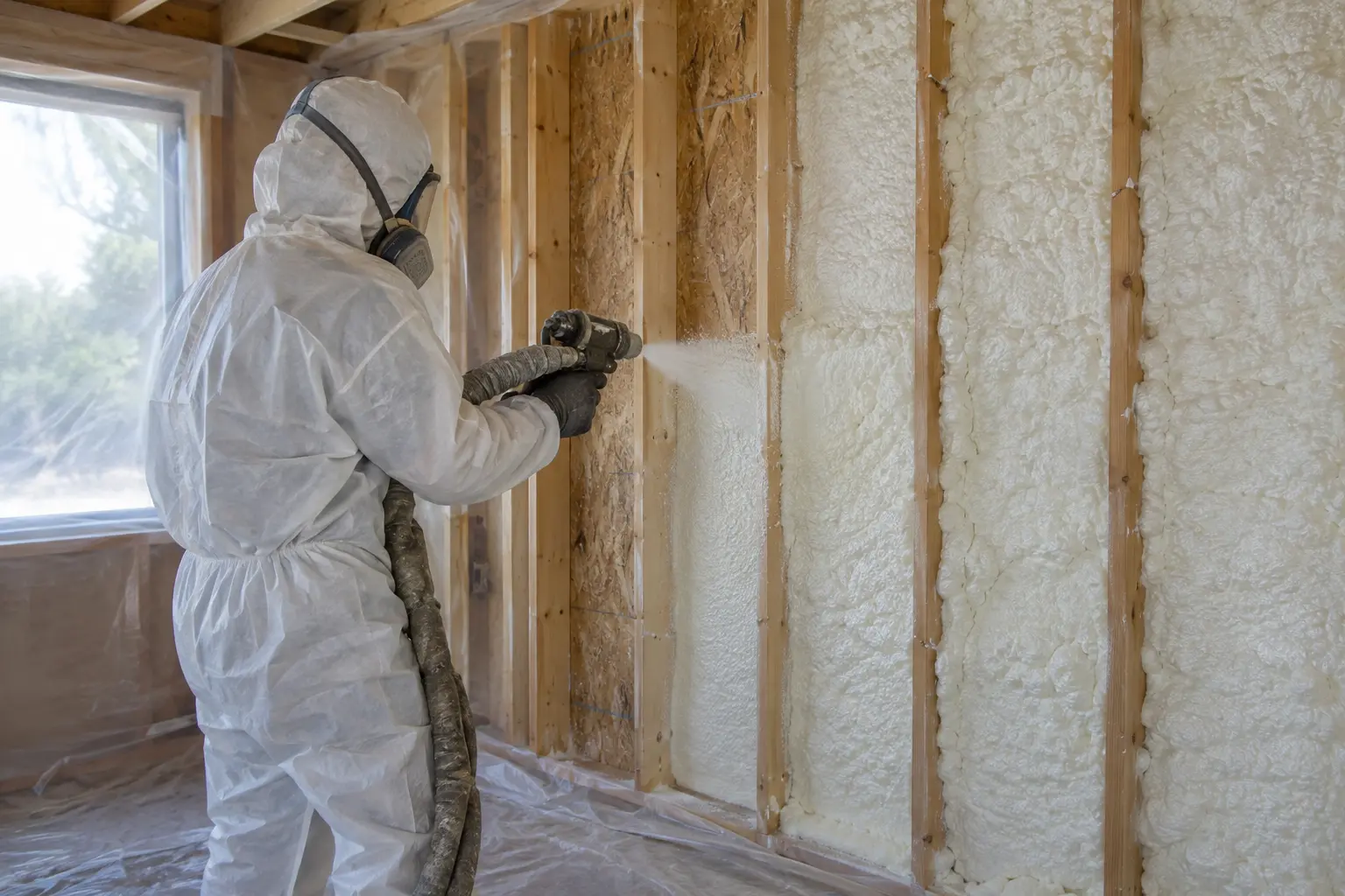 Protected technician applying spray foam between open wall studs