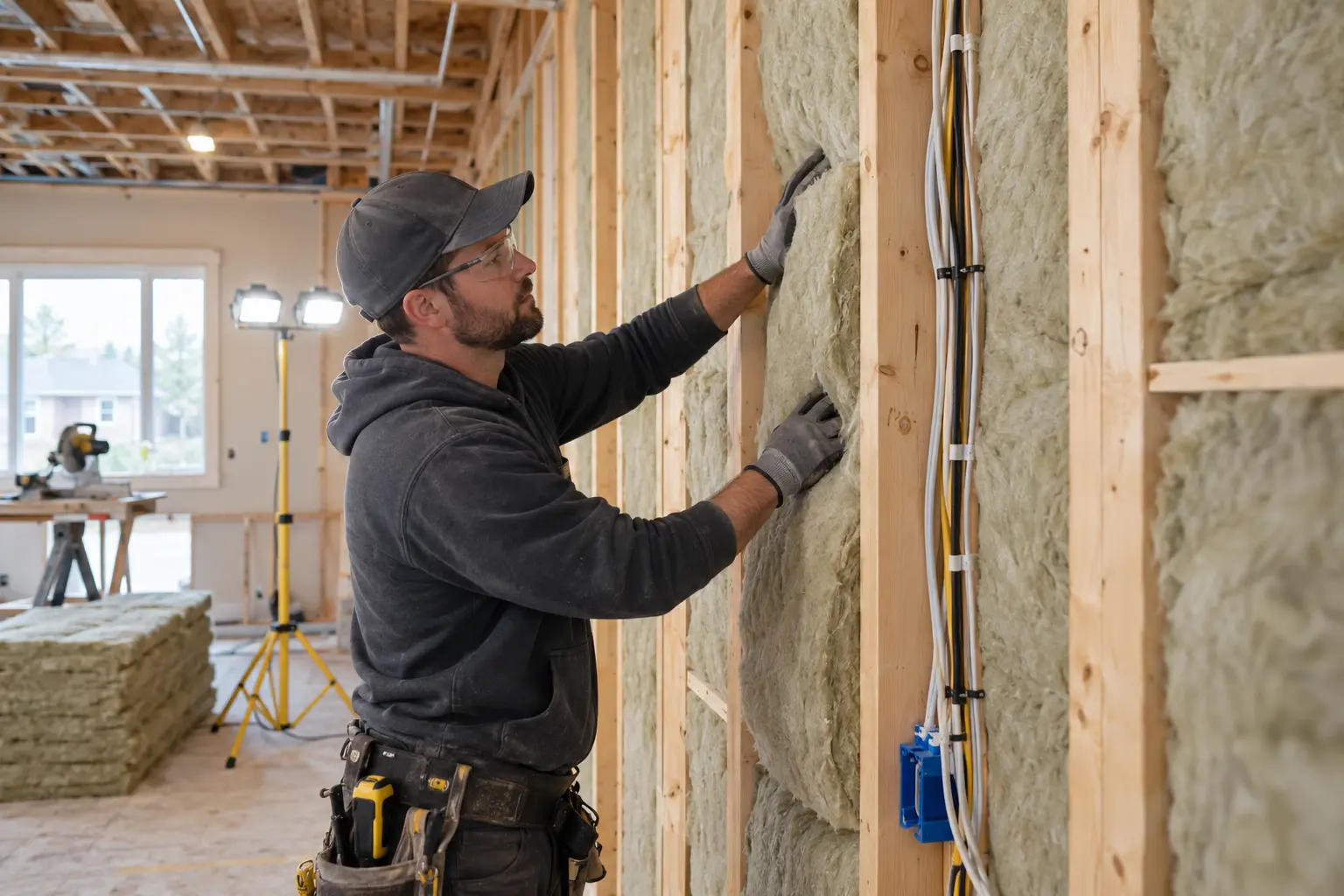 Mineral wool batts being fitted in an open interior wall