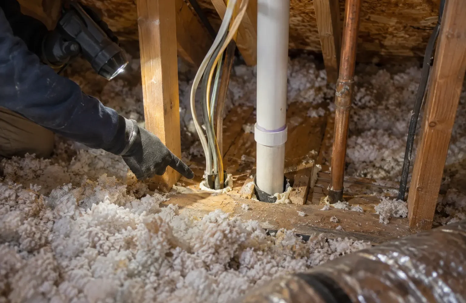 Openings around attic floor wiring and plumbing penetrations