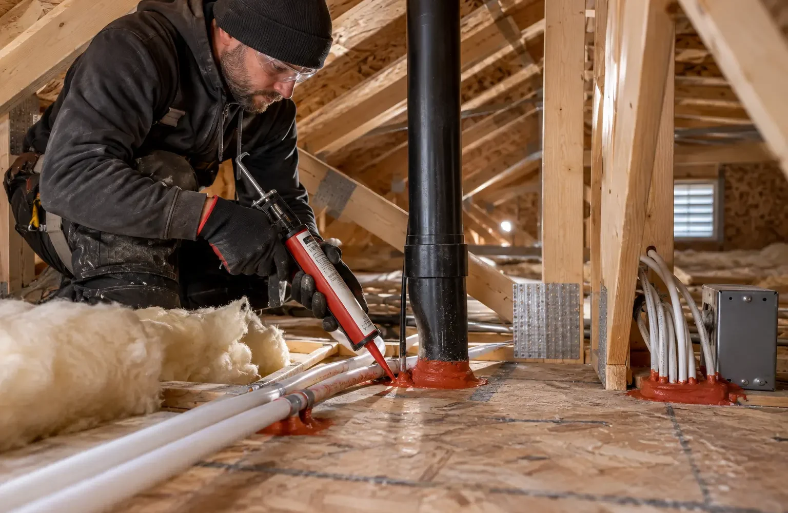 Ceiling service penetrations being sealed from the attic side