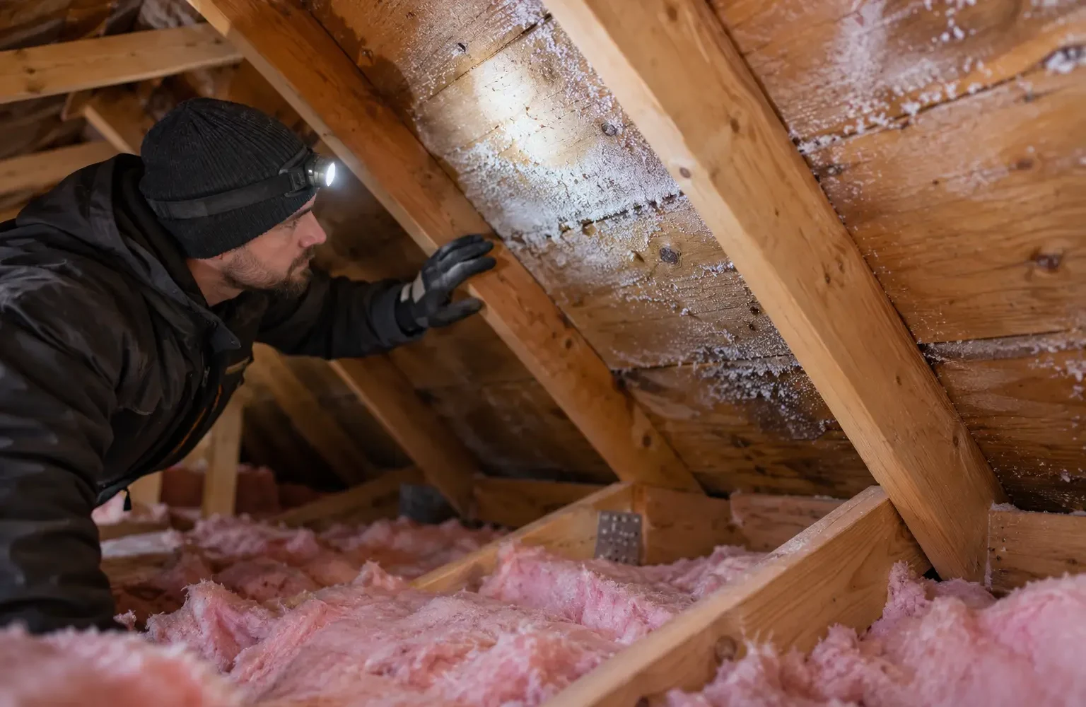 Frost and condensation on winter attic roof sheathing