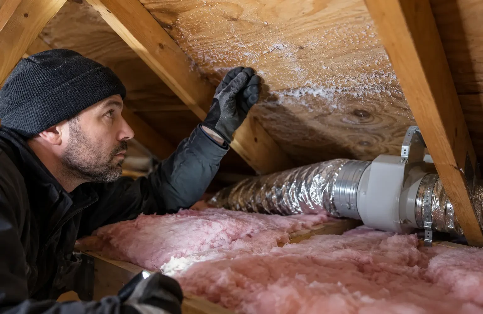 Technician examining frost near an attic exhaust duct