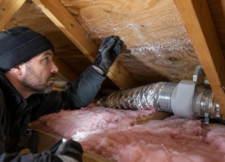 Technician examining frost near an attic exhaust duct