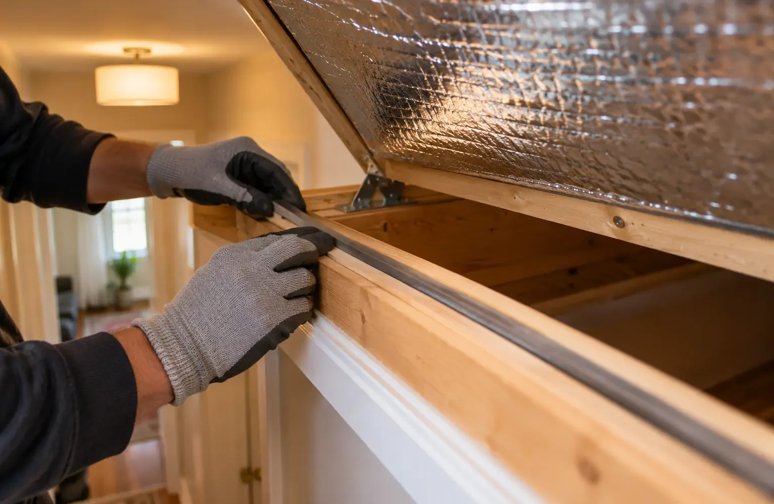 Continuous weatherstripping fitted around an attic hatch curb