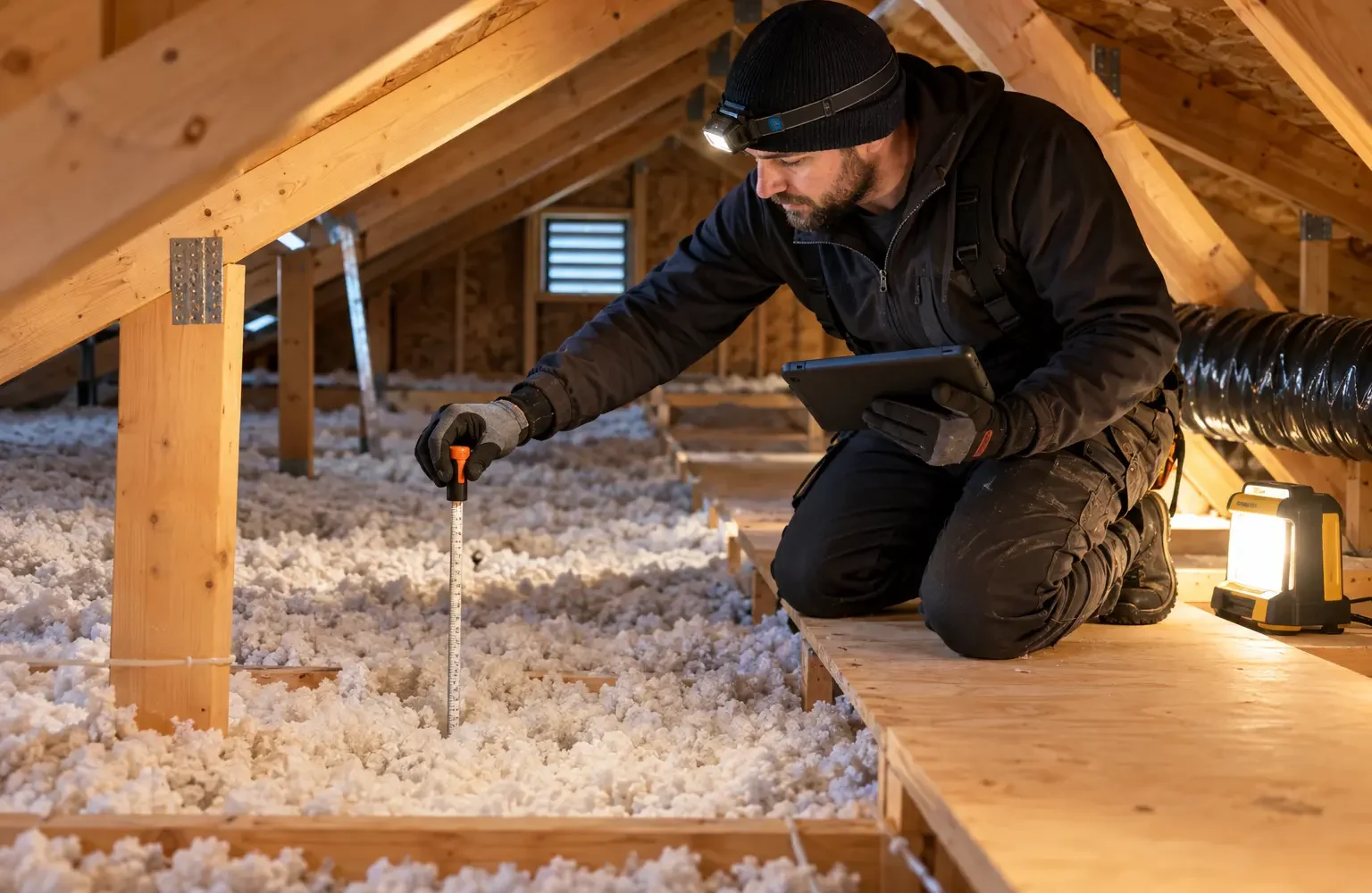 Attic material condition and depth being checked after a concern