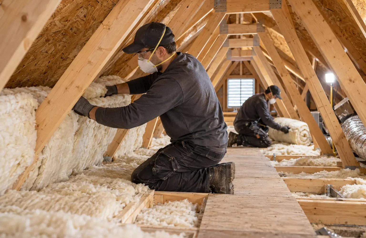 Technicians installing insulation in a residential attic