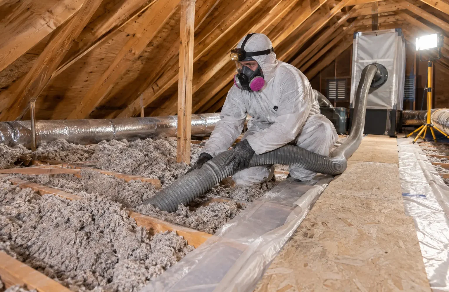 Old loose-fill insulation being removed with contained vacuum equipment