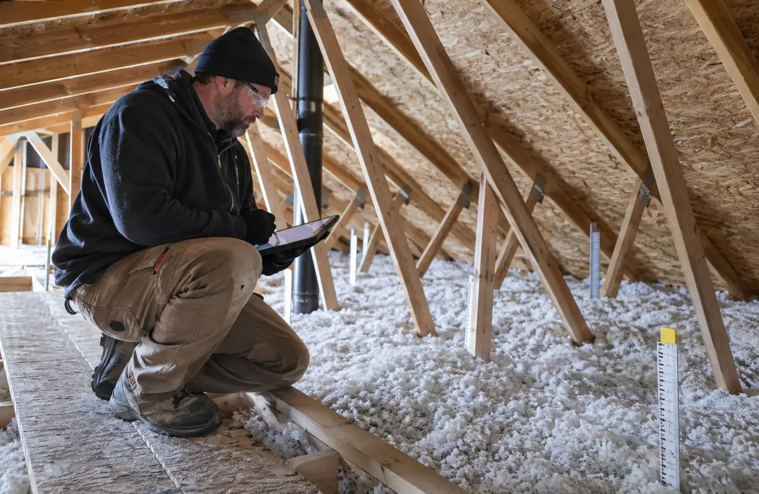 Technician recording insulation measurements across an attic