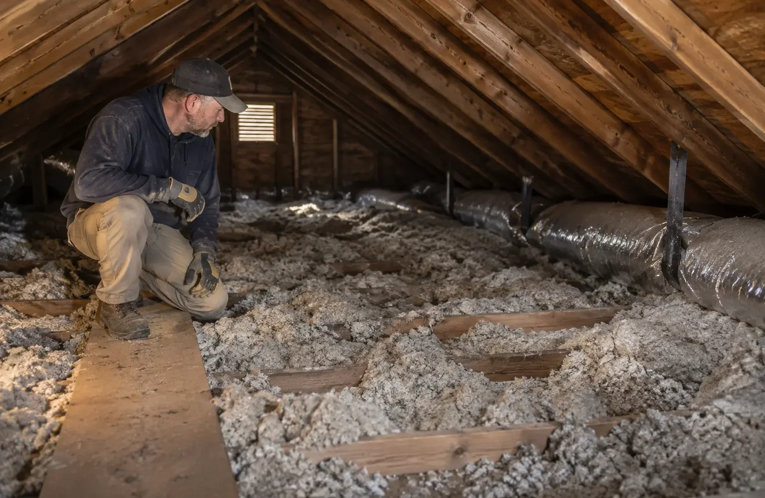 Technician examining thin and uneven attic insulation