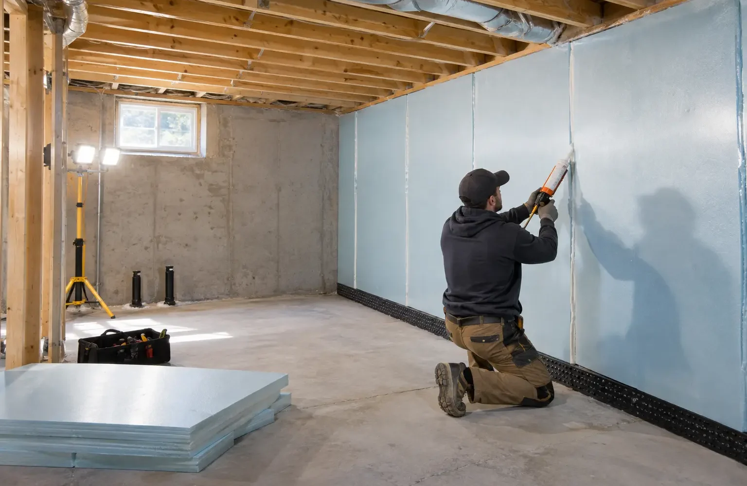 Rigid insulation panels being sealed on a concrete basement wall