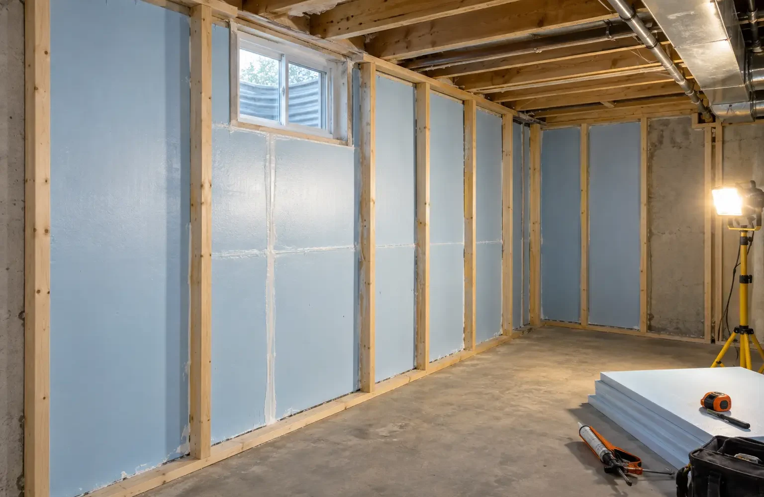 Rigid insulation fitted and sealed across an accessible basement foundation wall