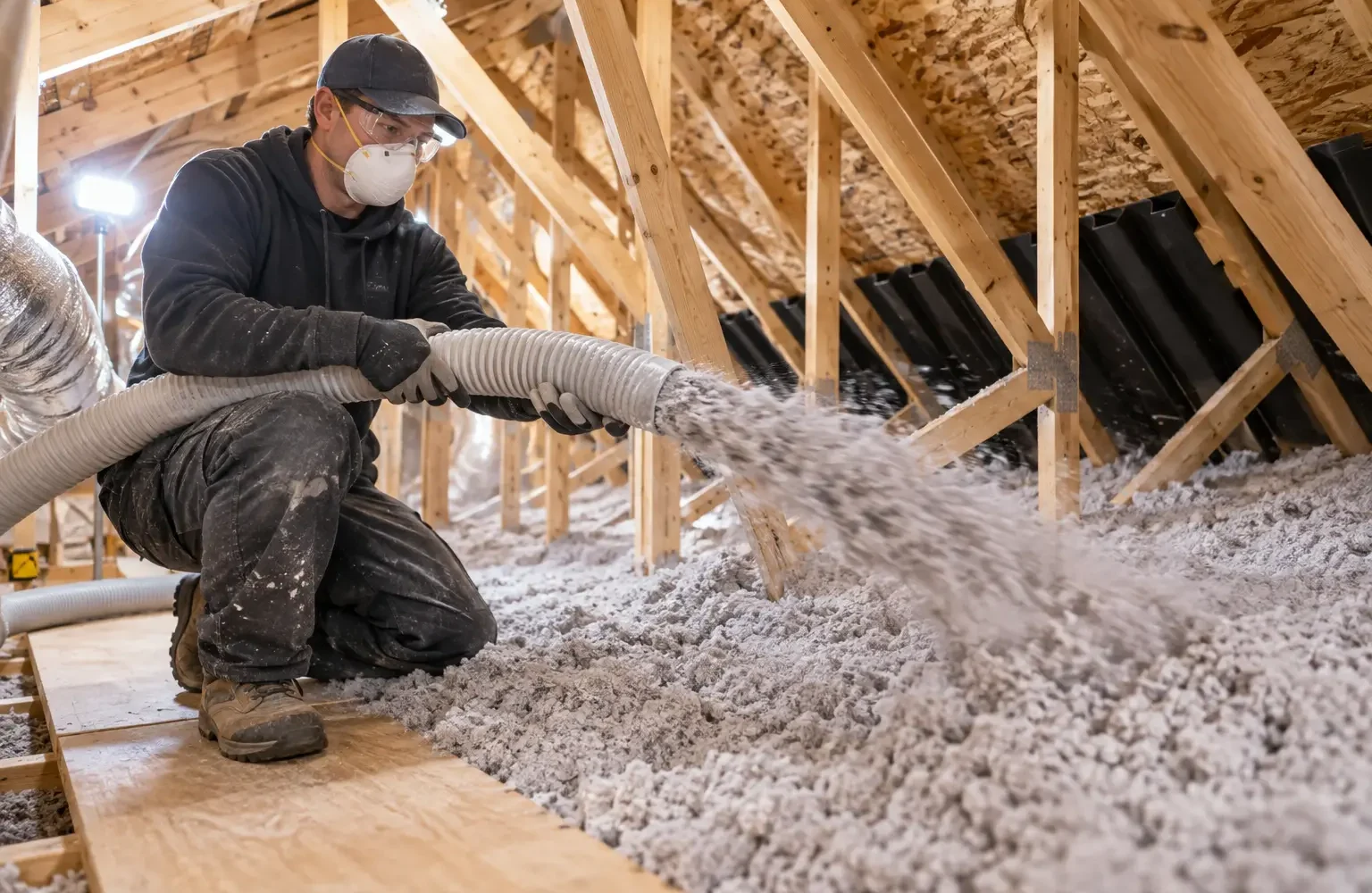 Technician distributing loose-fill insulation from a blower hose