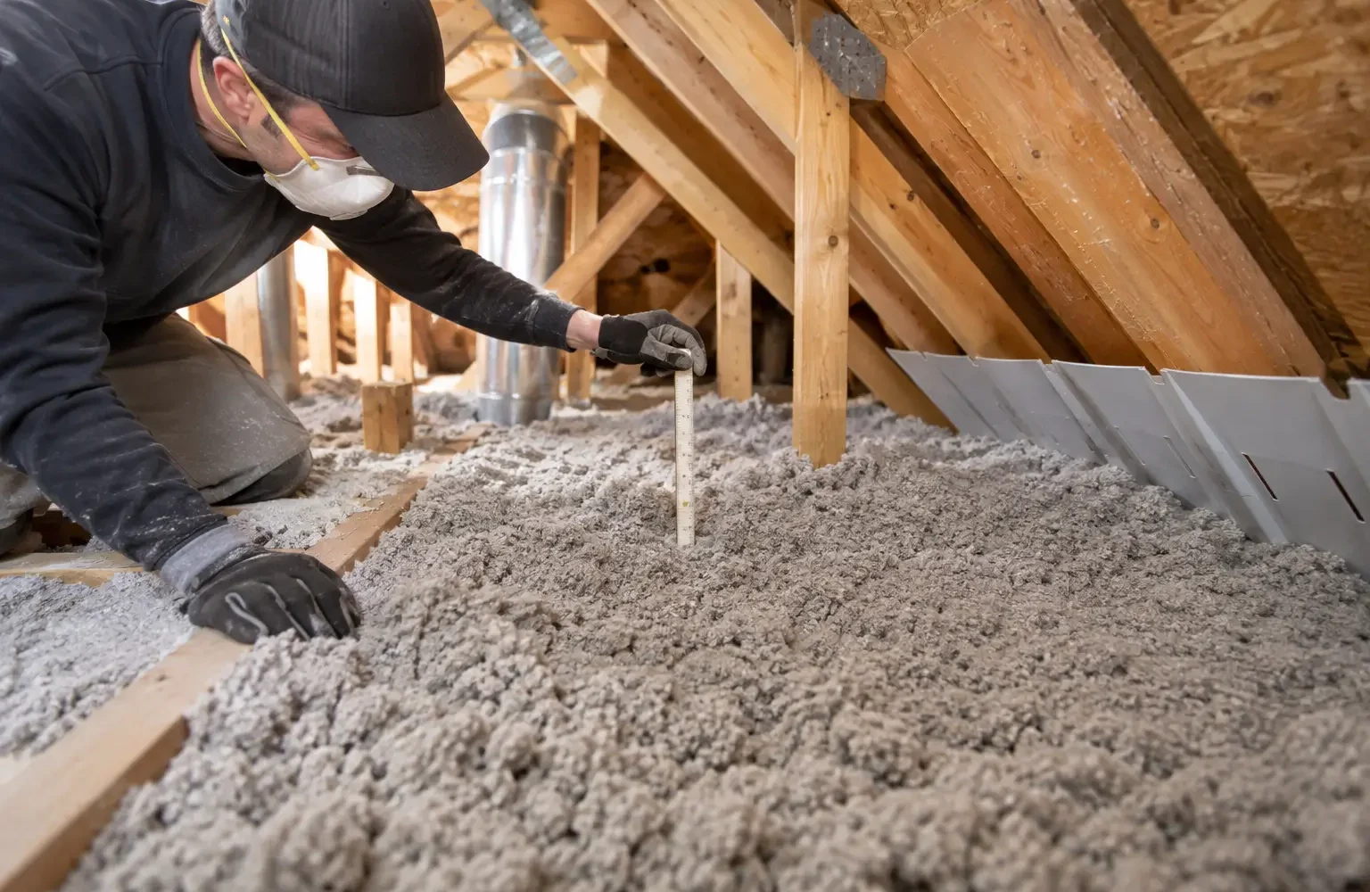 Cellulose loose-fill insulation being checked for depth