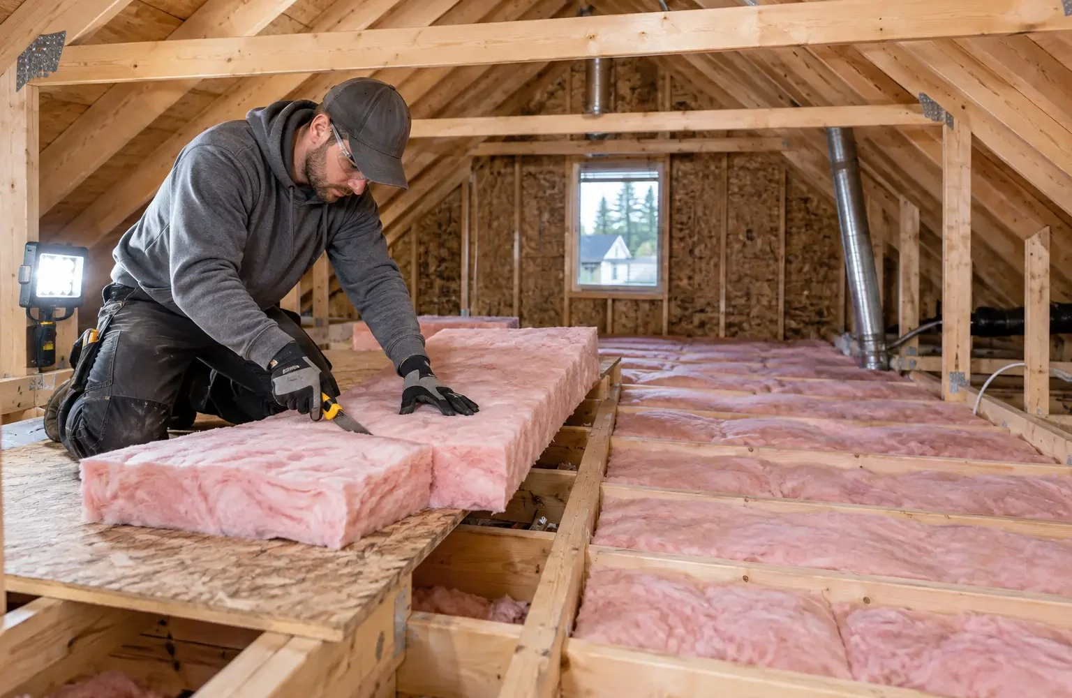 Fibreglass batts being fitted between timber framing