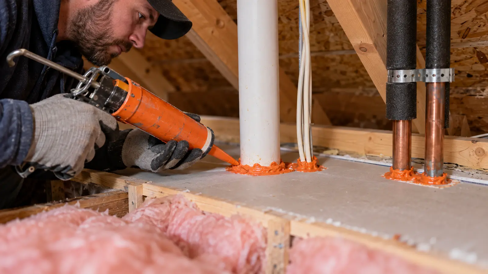 Accessible attic-floor penetrations sealed before insulation.