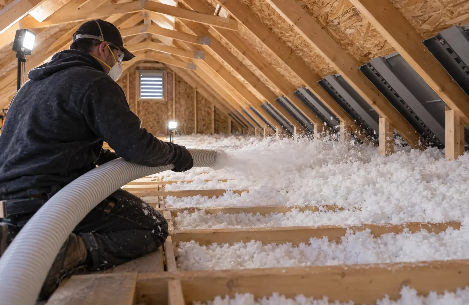 Loose-fill insulation distributed across an open attic floor.