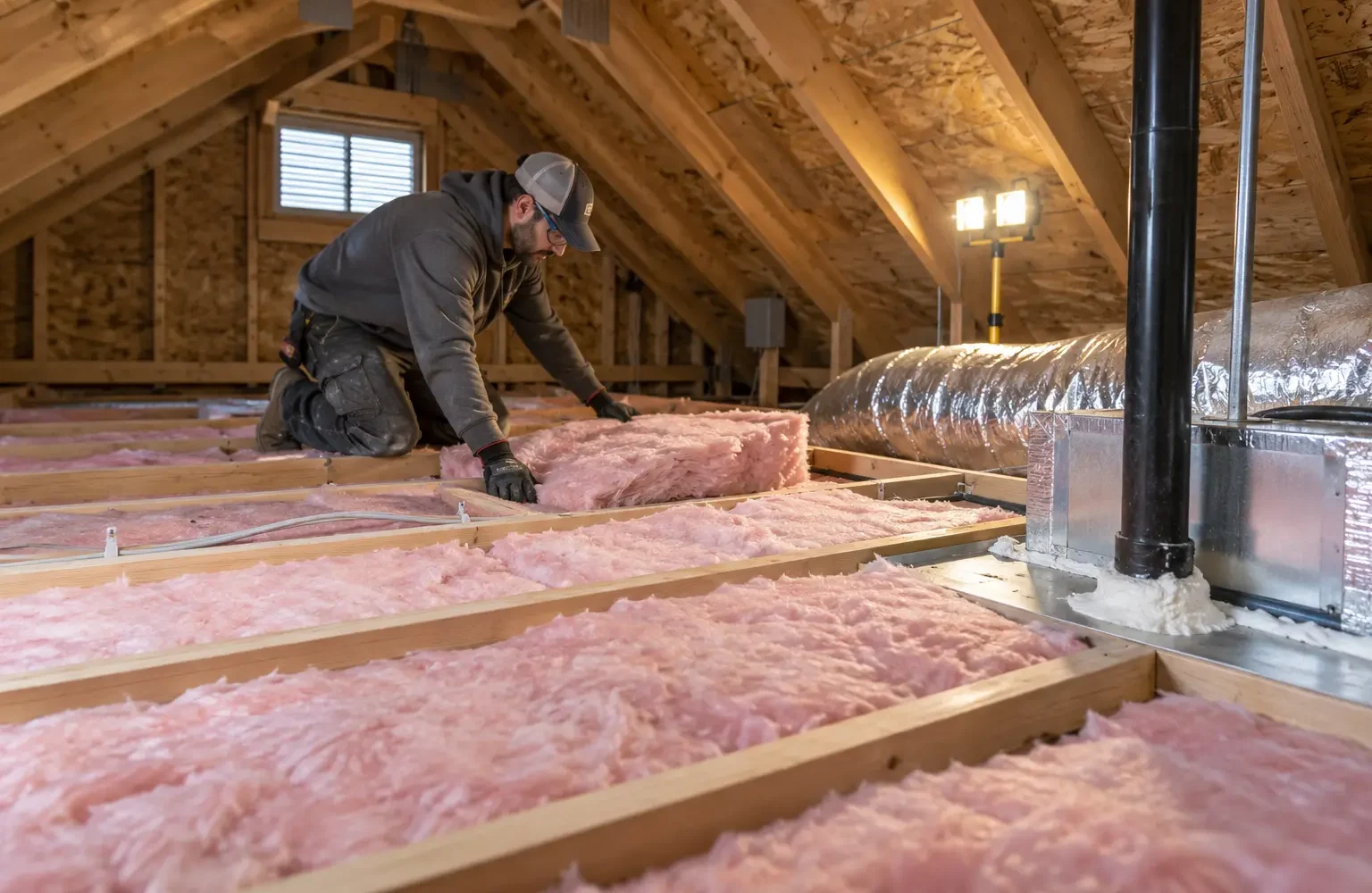 Insulation fitted between open garage ceiling joists.