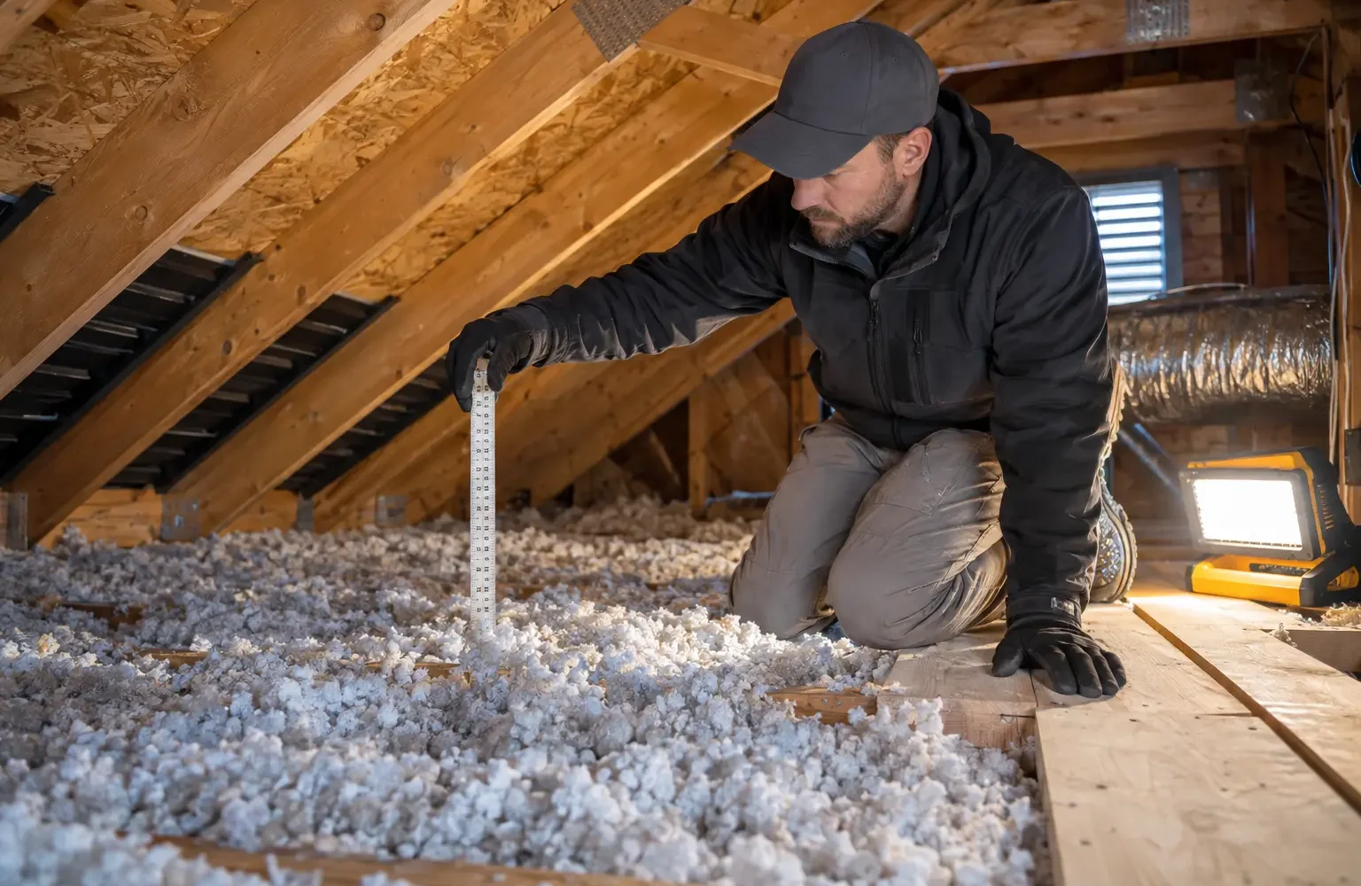 Insulation depth and roof conditions recorded during an assessment.