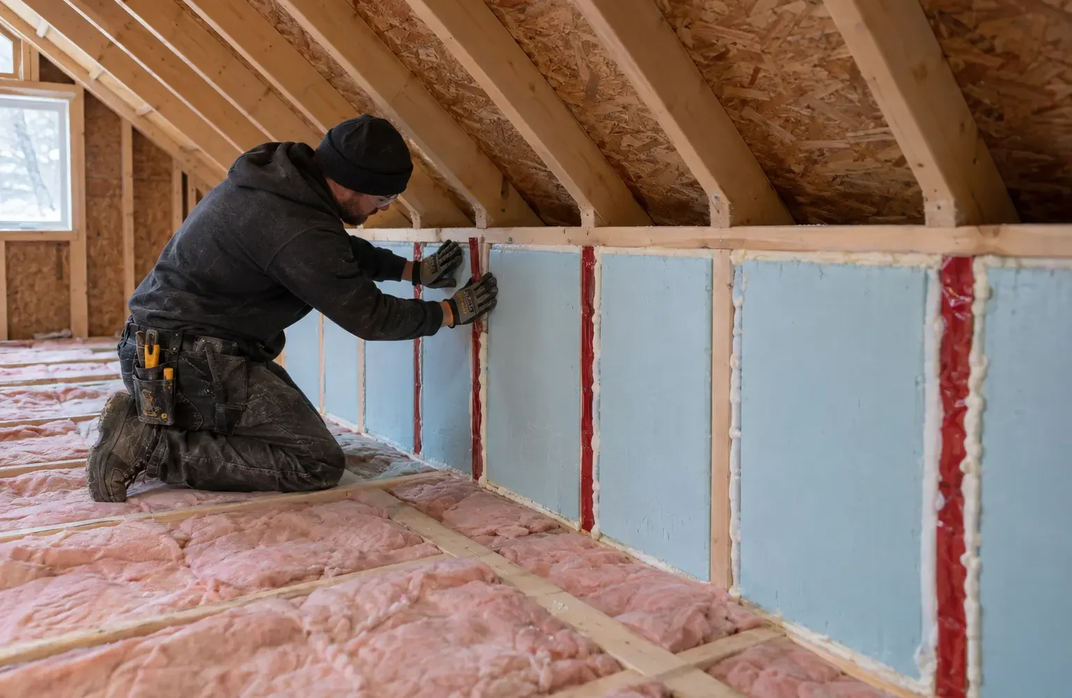 Insulation retained along a narrow kneewall space.
