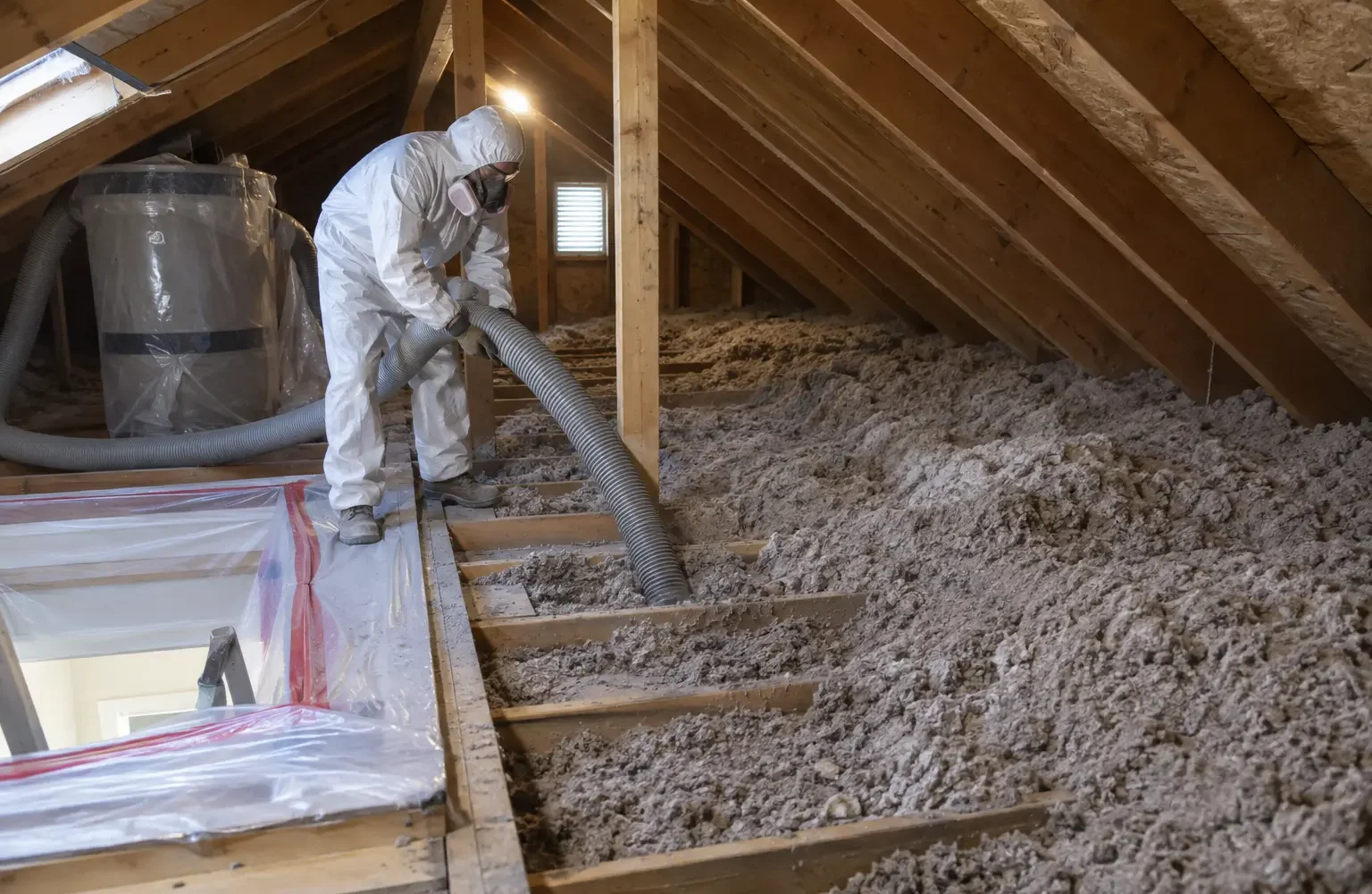 Contained vacuum hose removing unsuitable loose-fill attic insulation