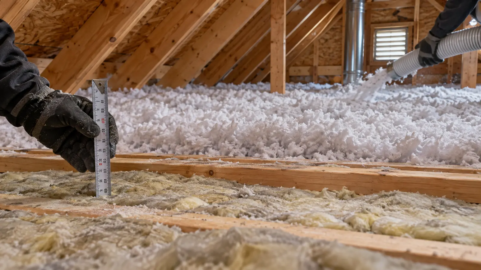 Fresh insulation added to restore even depth across the attic.