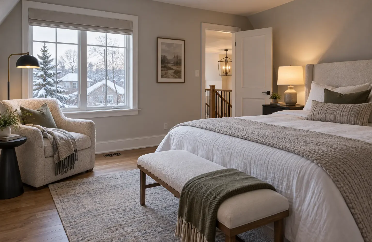 Comfortable upper bedroom in an Oakville home during winter