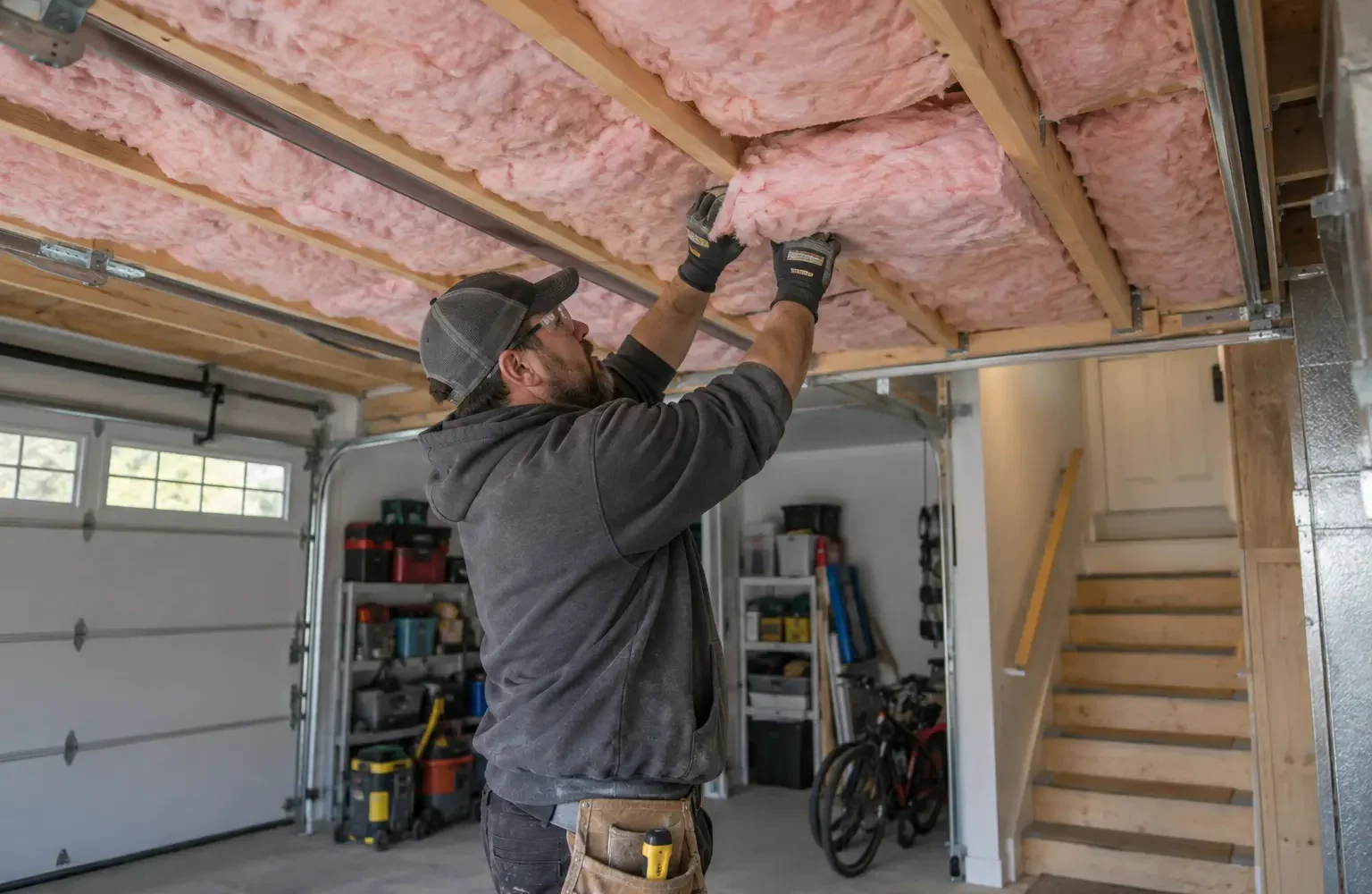 Garage ceiling batts being installed below an upper room
