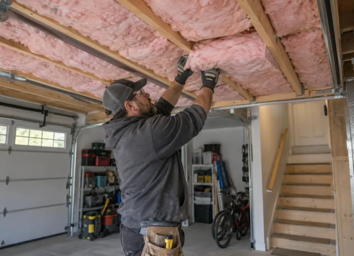 Garage ceiling batts being installed below an upper room