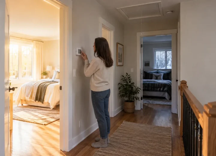 Homeowner adjusting a thermostat between two upstairs rooms