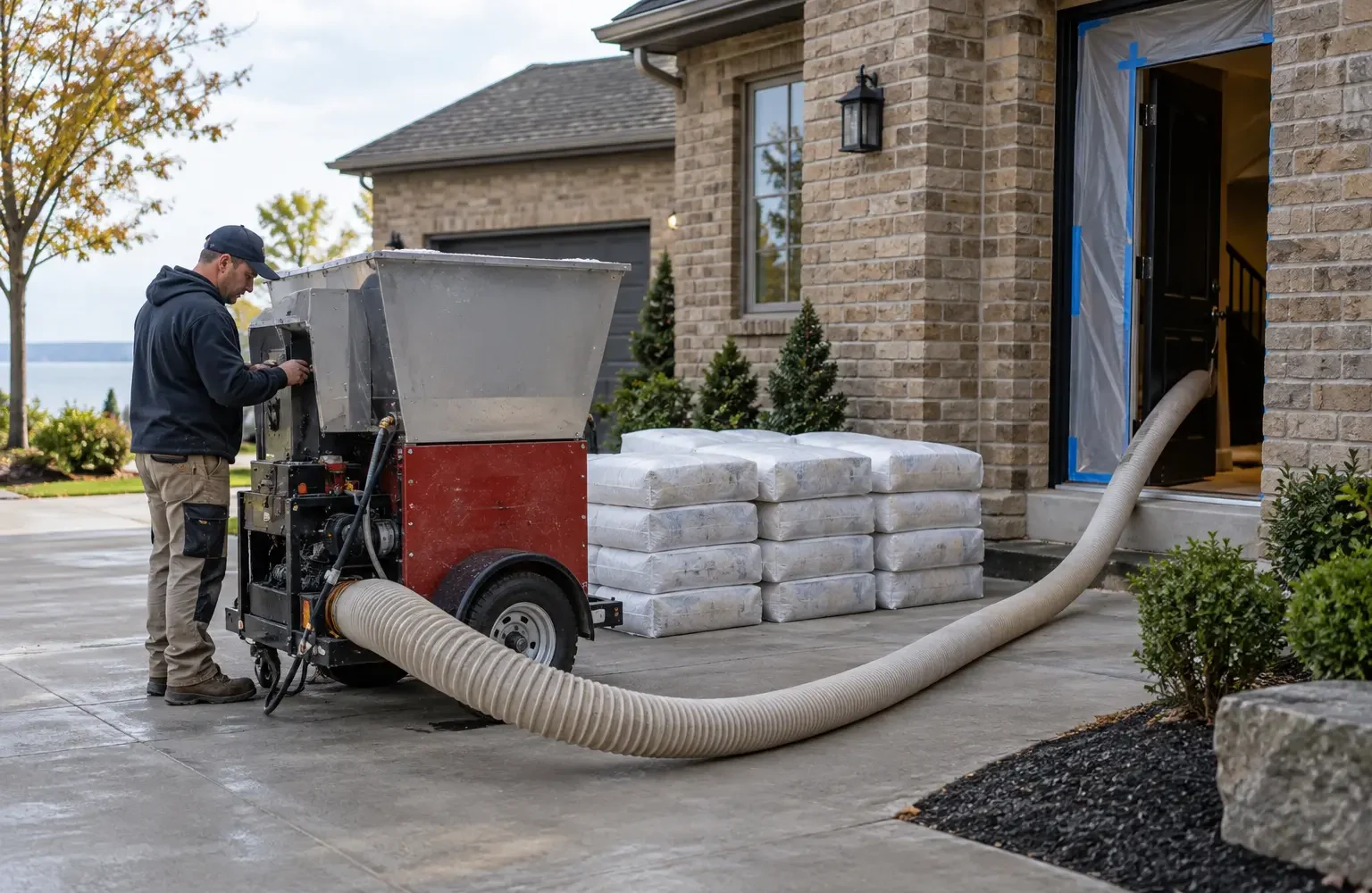 Insulation equipment prepared beside an Oakville home