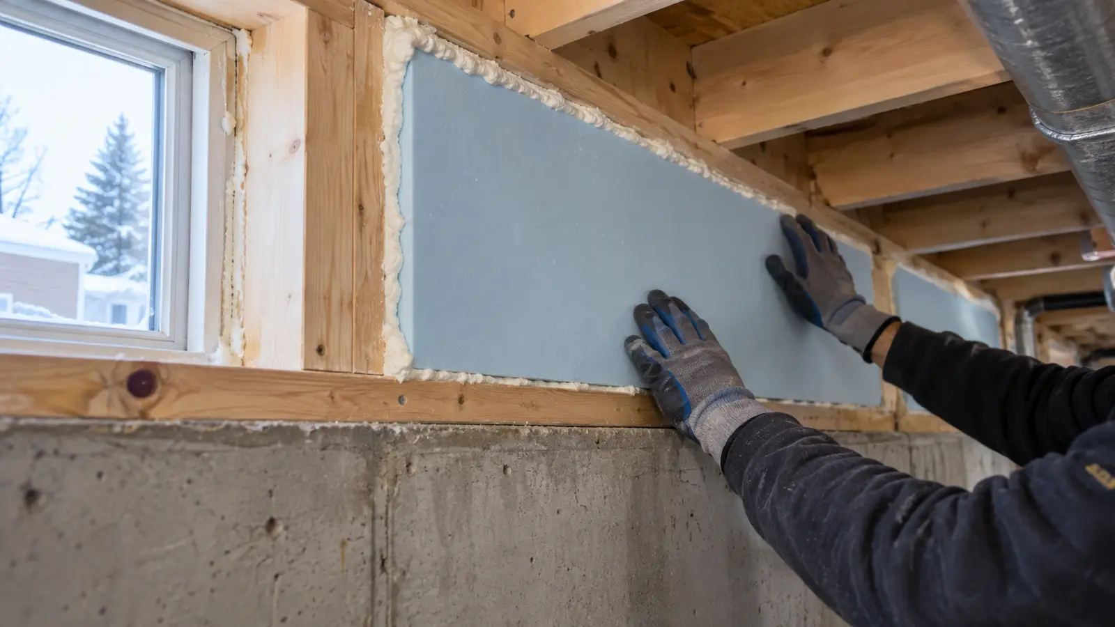 Rigid insulation fitted and sealed at an exposed rim joist