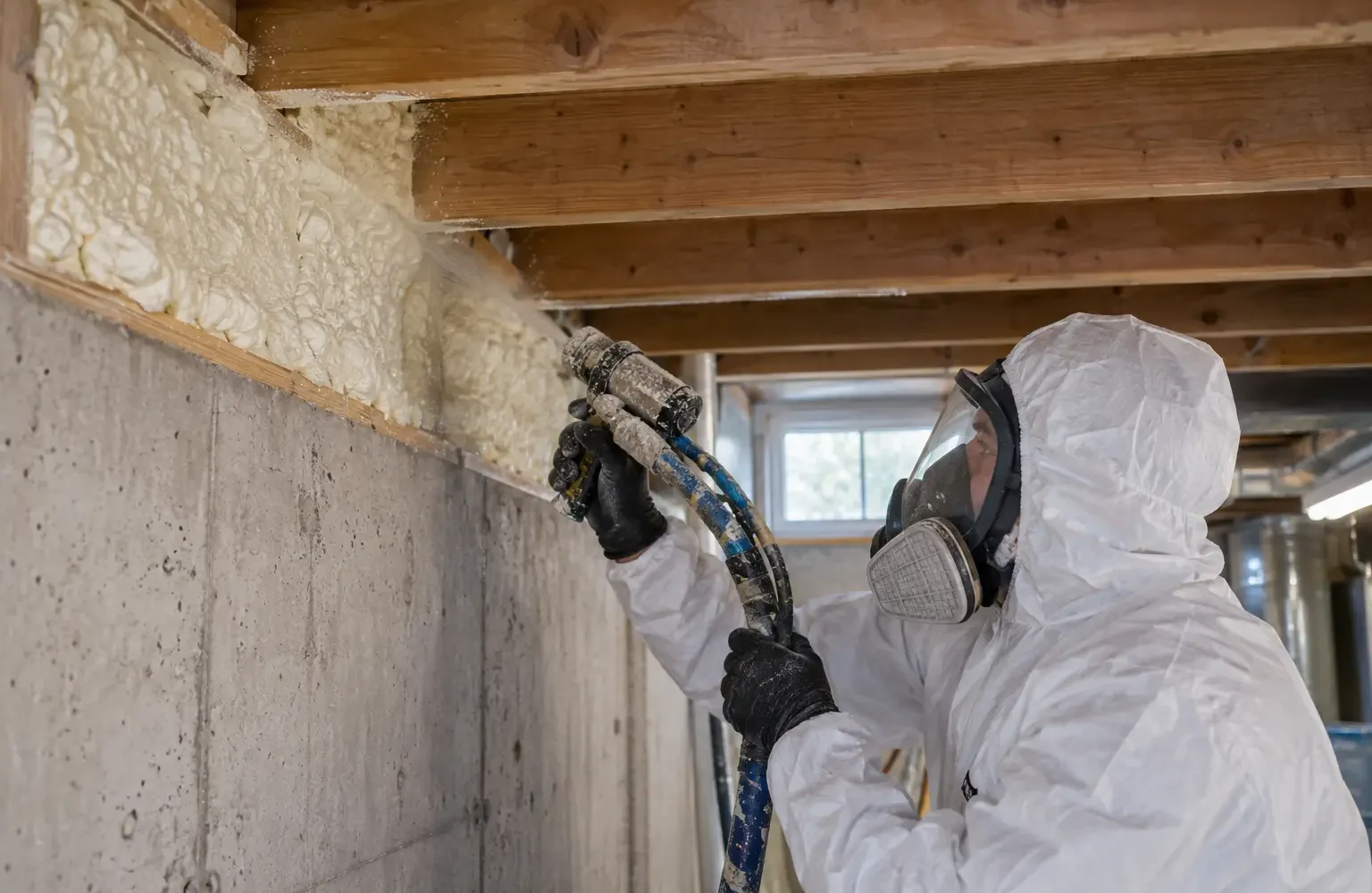 Protective equipment used while spray foam is applied at a basement rim area