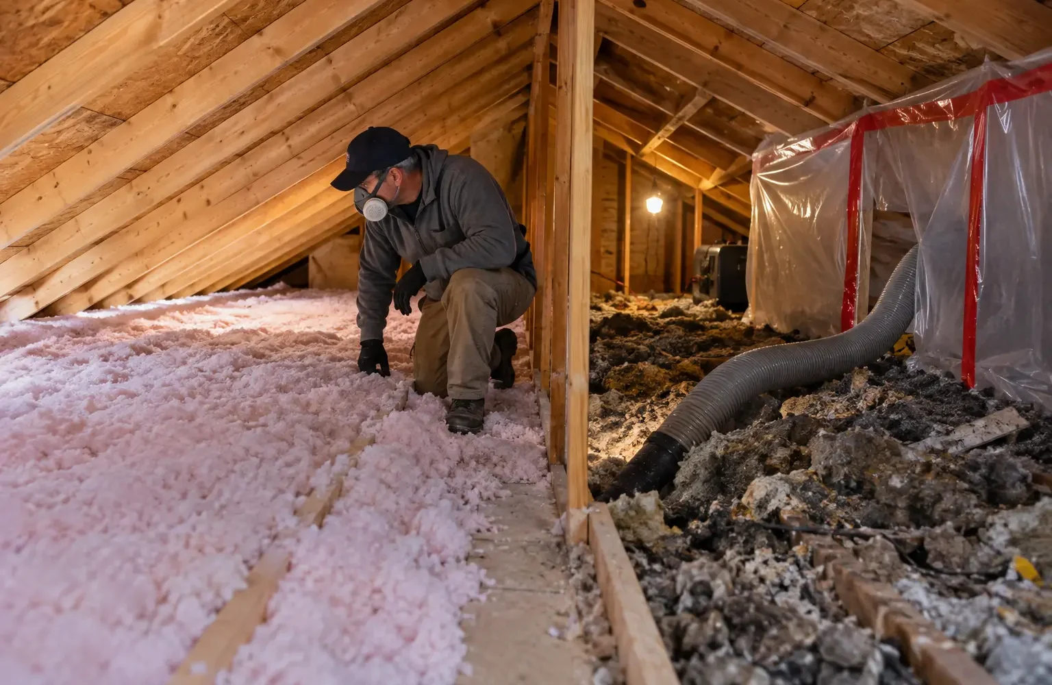 Attic with clean insulation on one side and contained removal work on the other
