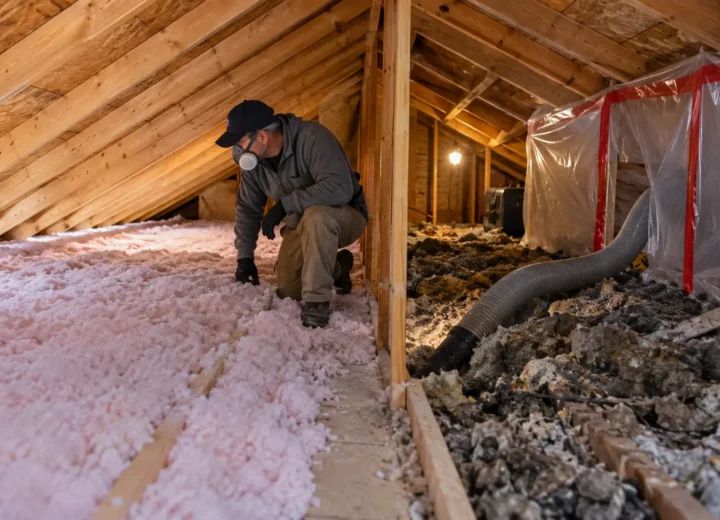 Attic with clean insulation on one side and contained removal work on the other
