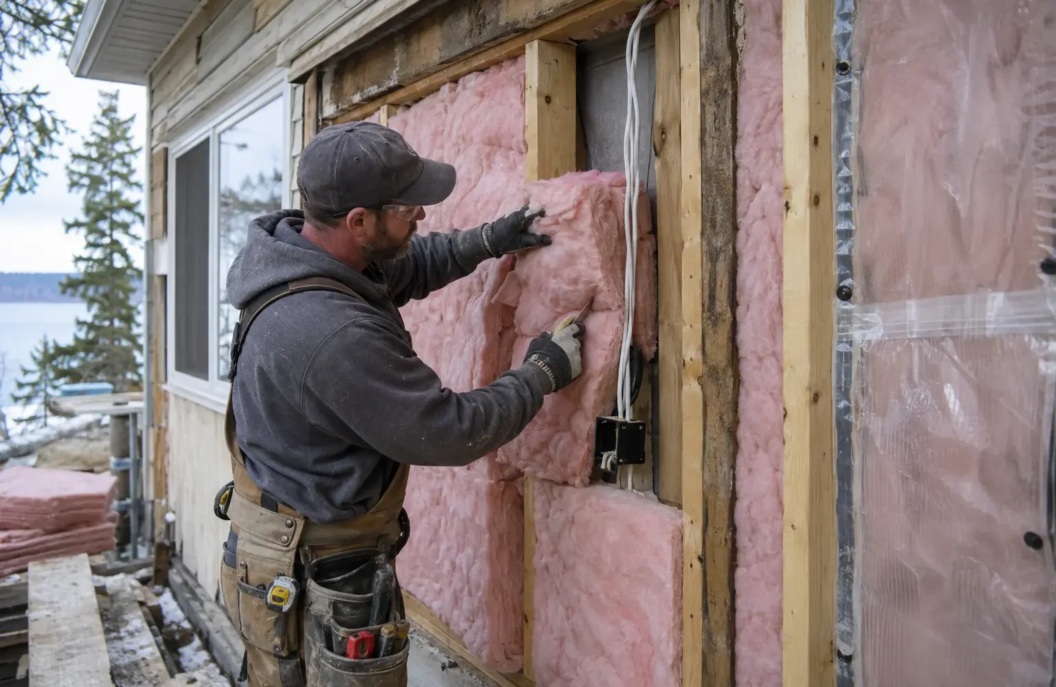 Fibreglass insulation trimmed carefully around wiring in an open wall